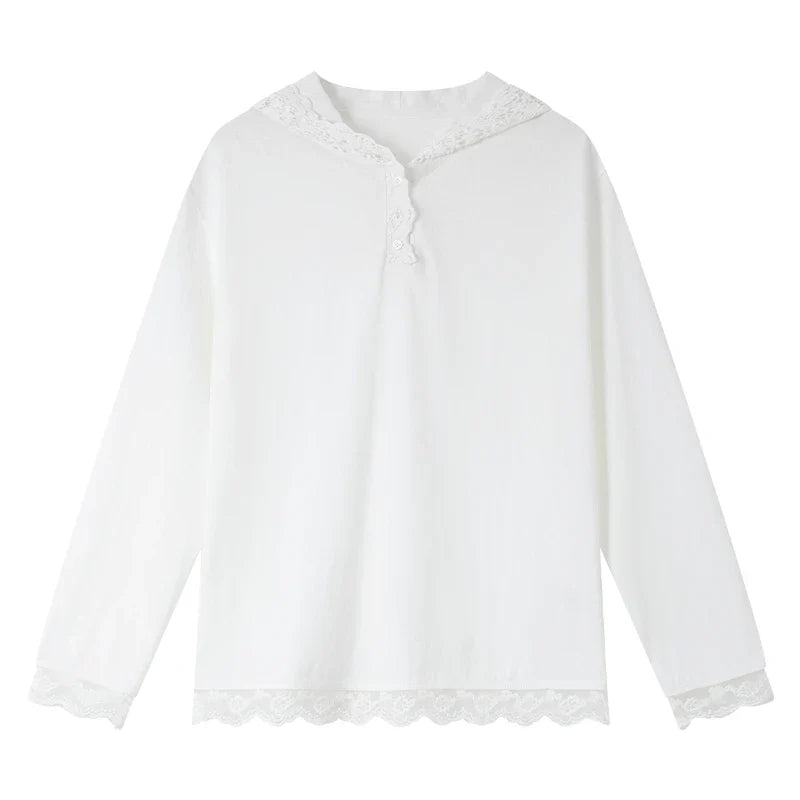 Lace-Trim Hooded Long-Sleeve Top