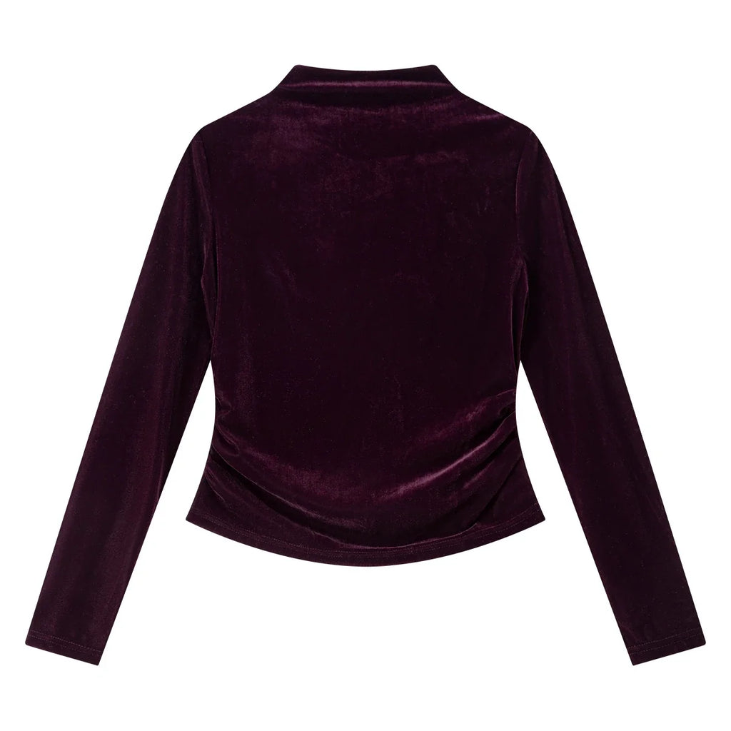 Velvet Ruched Mock-Neck Long-Sleeve Top