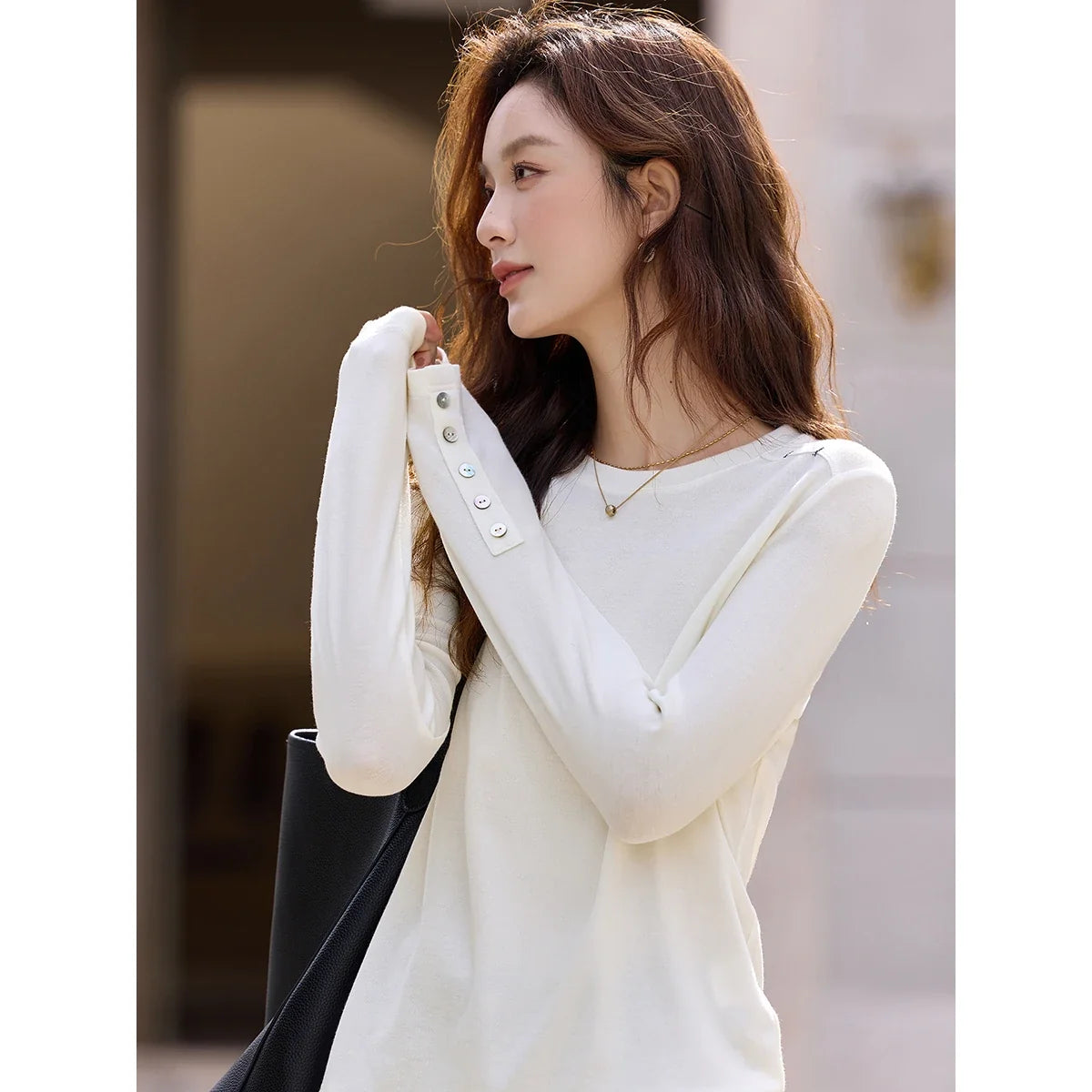 Button-Cuff Crew-Neck Long-Sleeve Tee