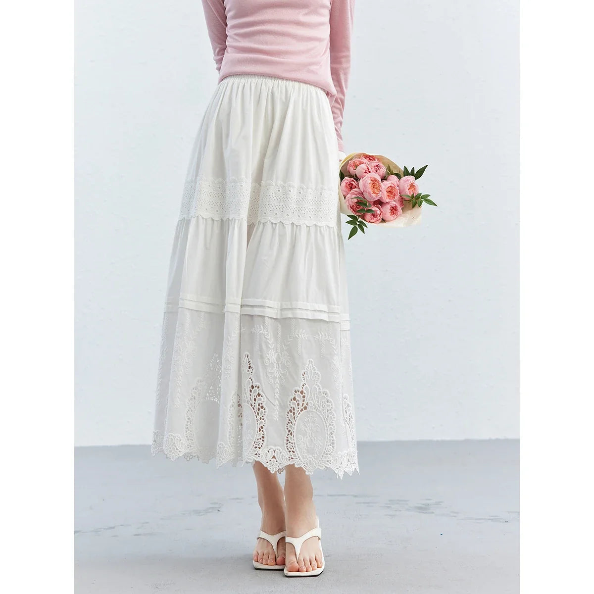 Eyelet-Hem Tiered Midi Skirt