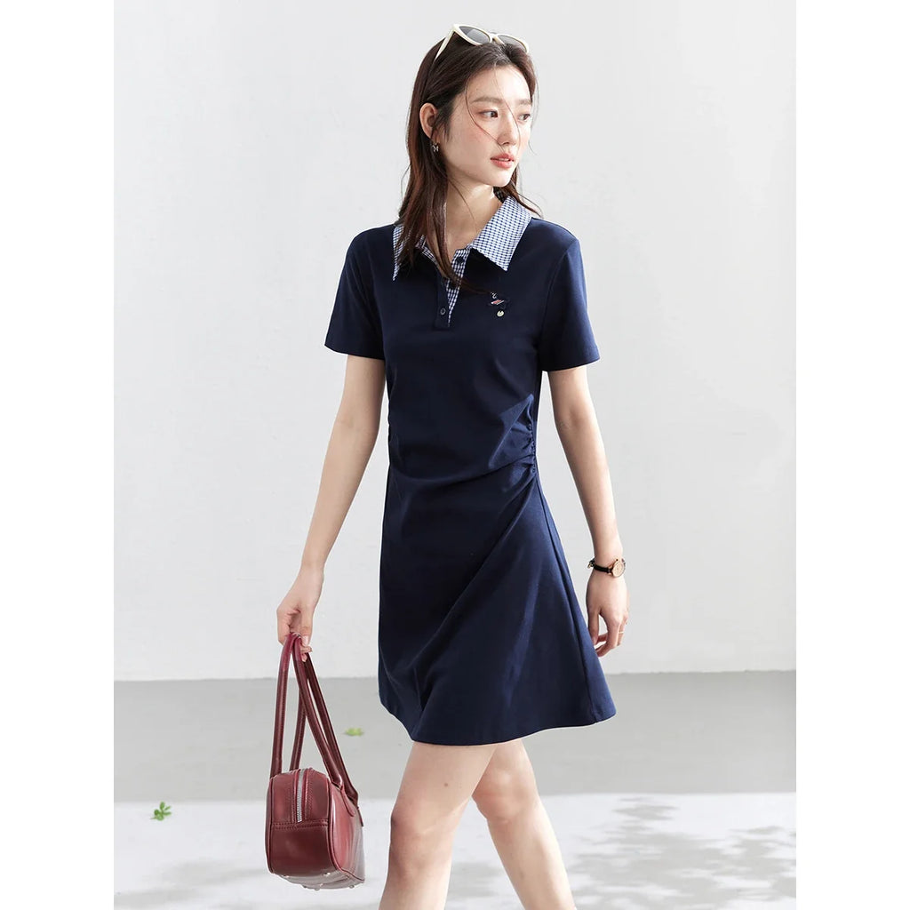Pleated-Waist Contrast-Collar Polo Dress
