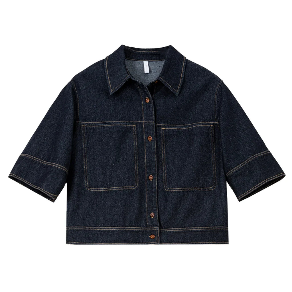 Contrast-Stitch Short-Sleeve Denim Jacket