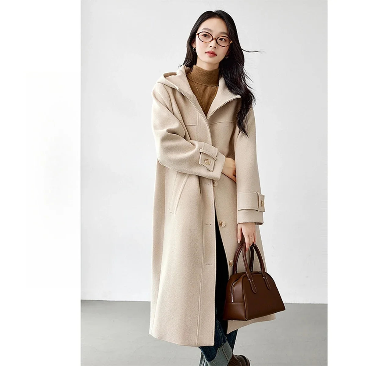 Hooded Button-Front Long Coat