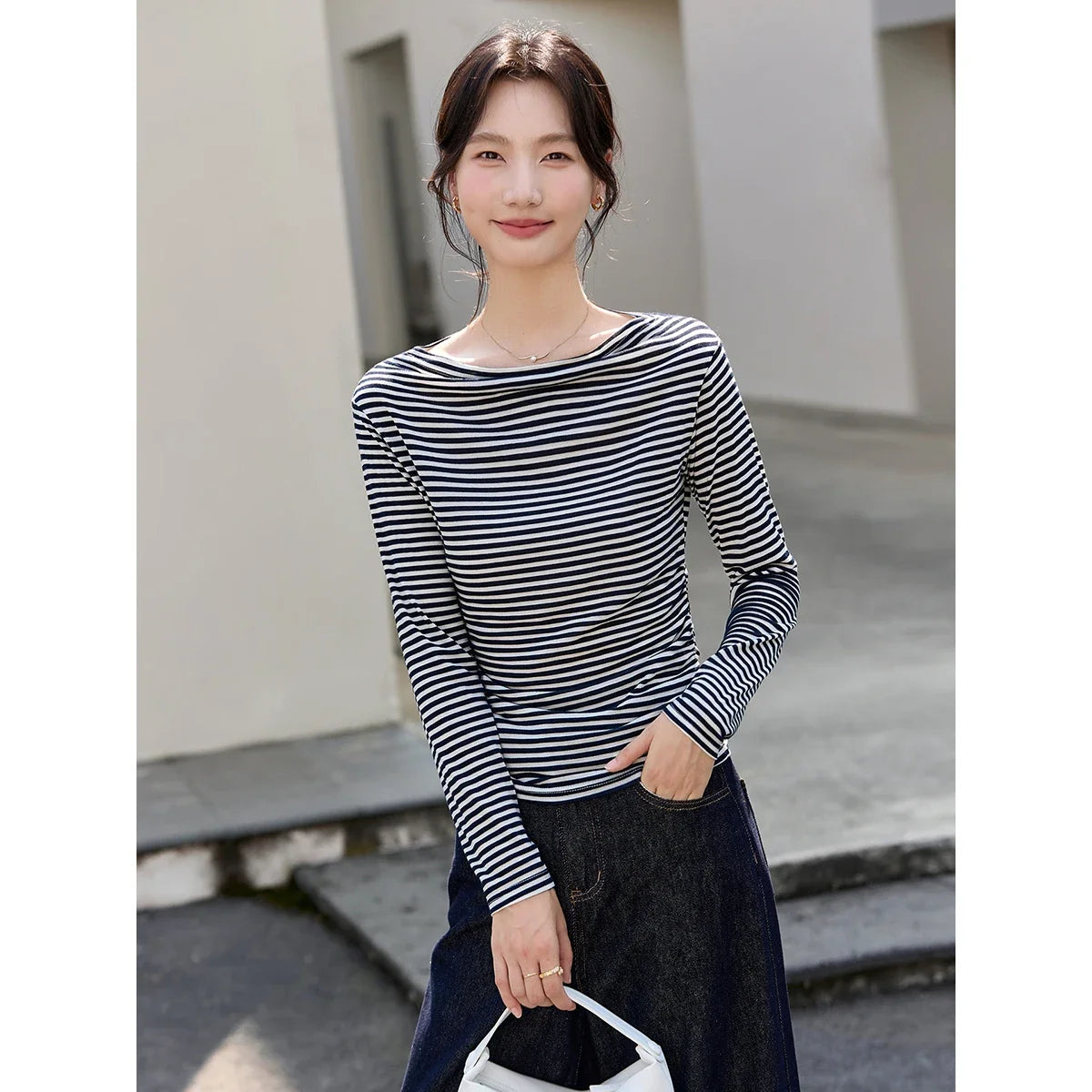 Ruched-Side Boat-Neck Long-Sleeve Top