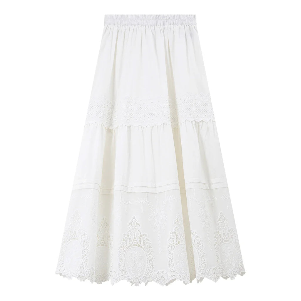 Eyelet-Hem Tiered Midi Skirt