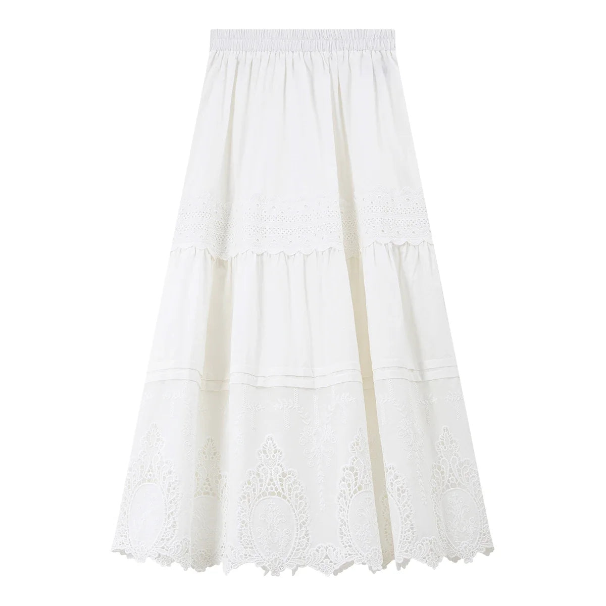 Eyelet-Hem Tiered Midi Skirt