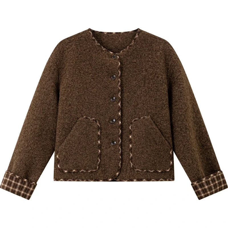 Contrast-Trim Collarless Cropped Jacket