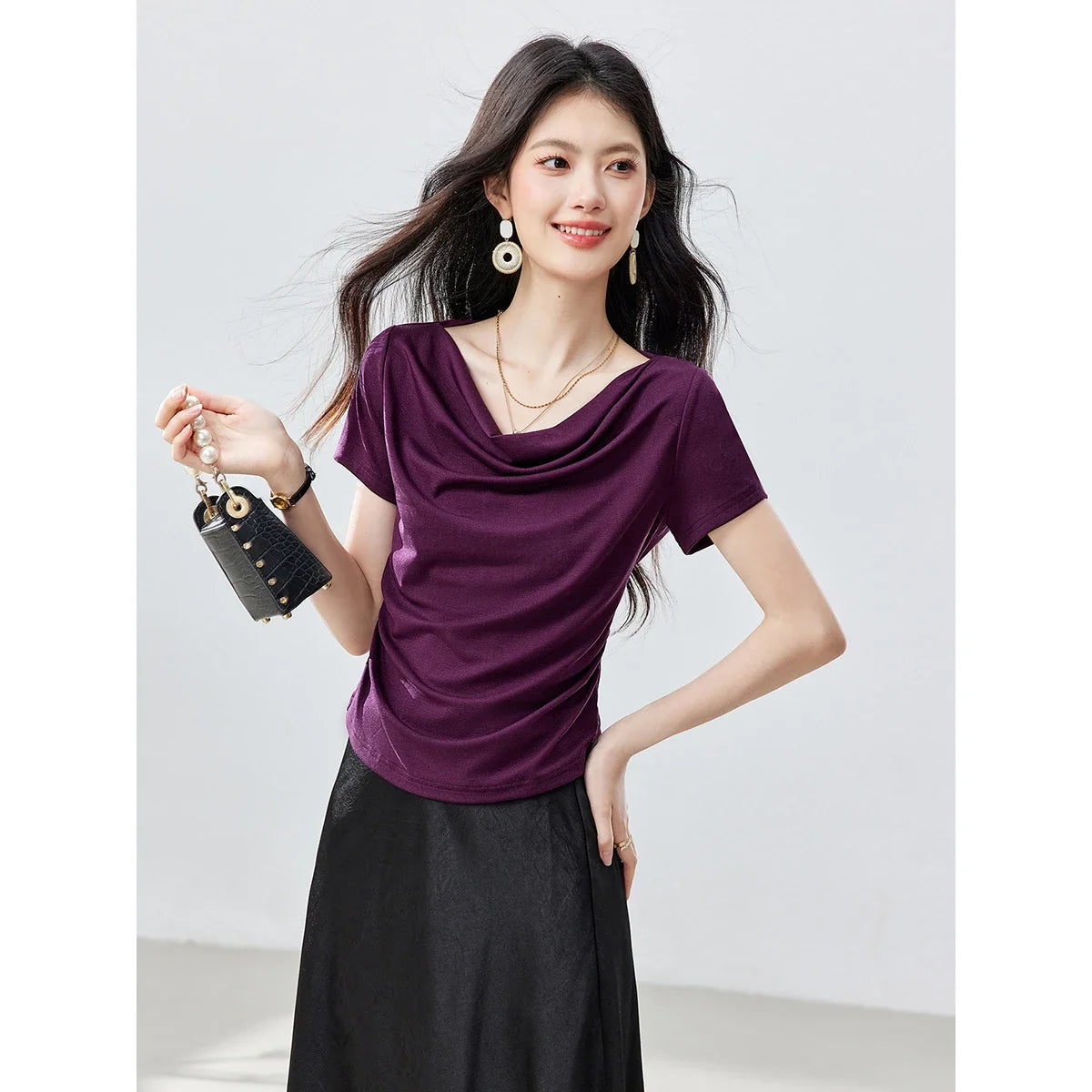 Draped Cowl-Neck Short-Sleeve Top