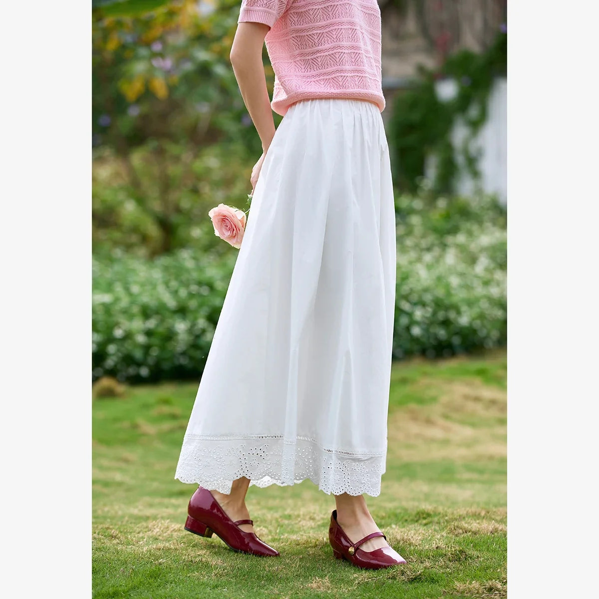 Lace-Hem A-Line Midi Skirt