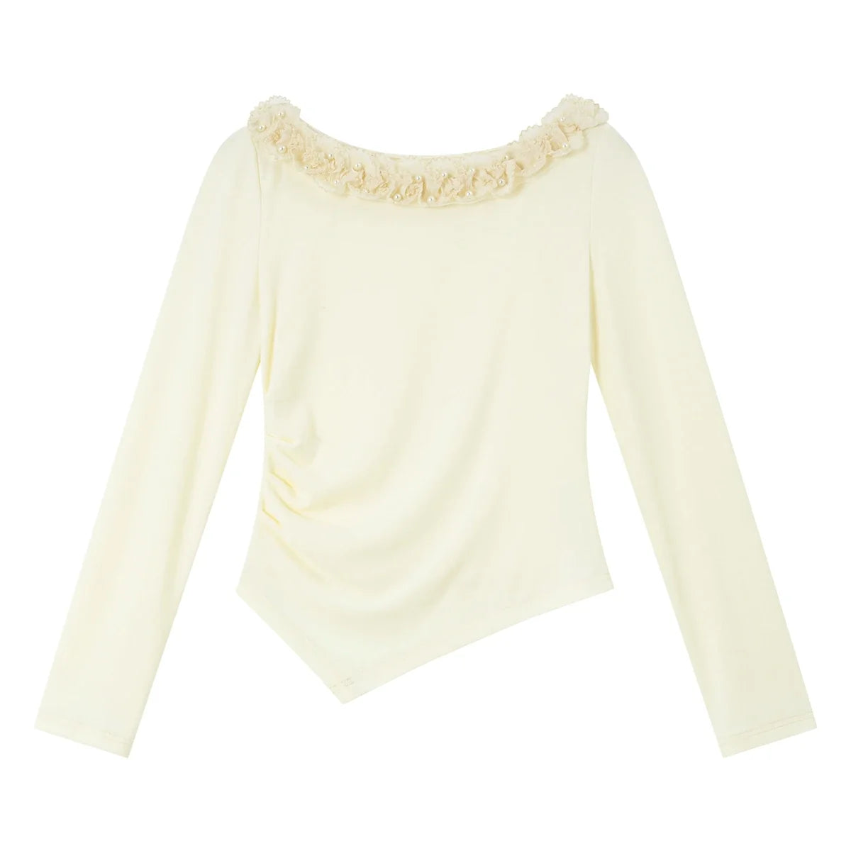 Asymmetric Ruffle-Neck Long-Sleeve Top