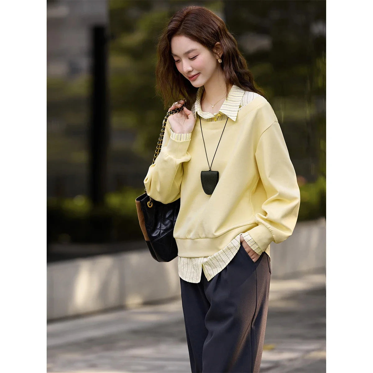 Layered Striped-Collar Sweatshirt