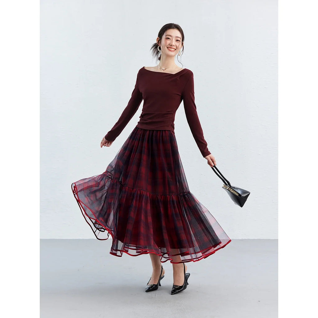 Plaid Mesh Tiered Midi Skirt