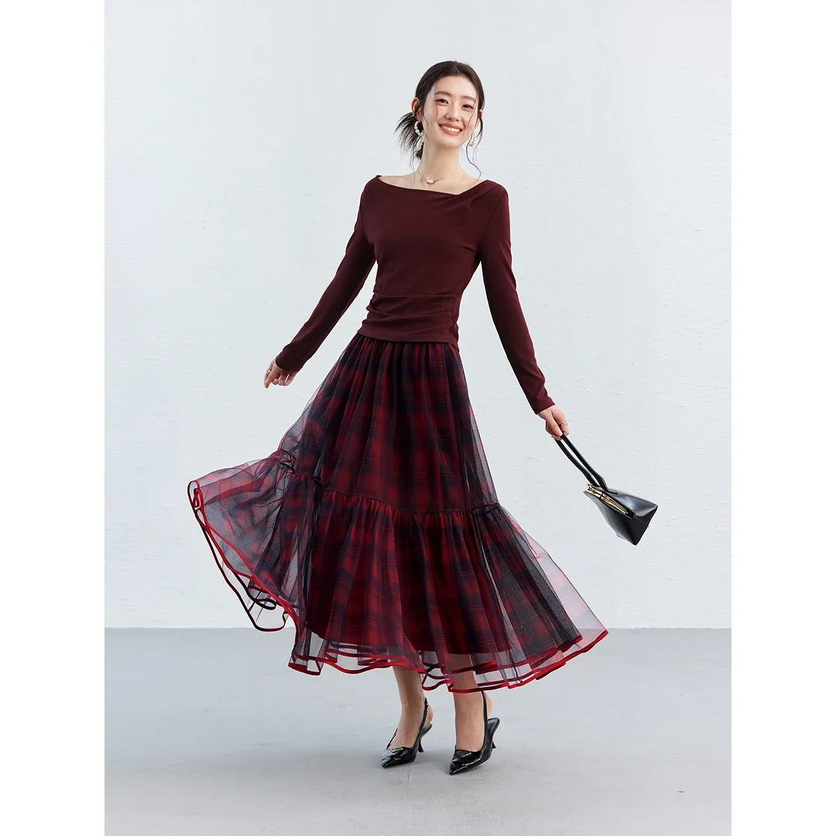 Red Plaid Mesh Tiered Midi Skirt