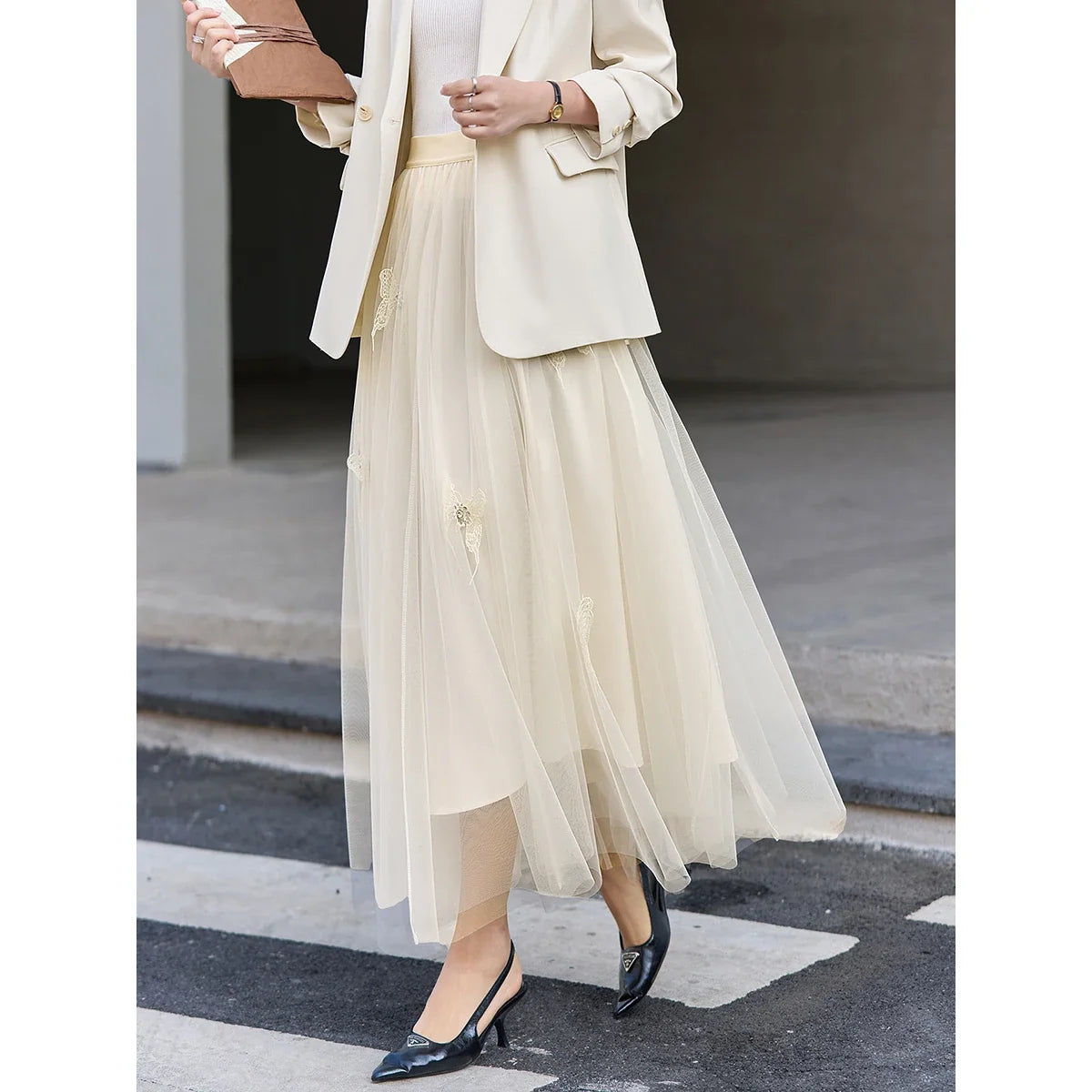 Butterfly-Embroidered Mesh Midi Skirt