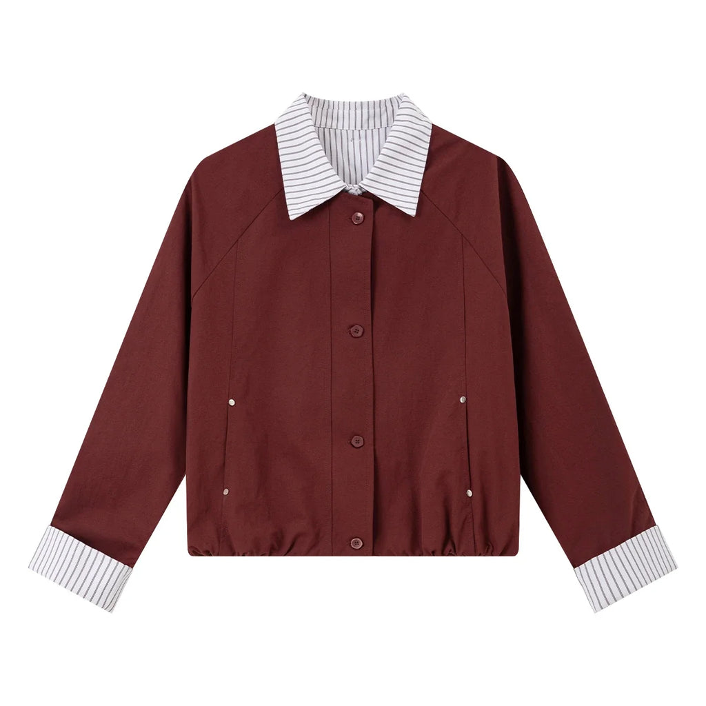 Contrast-Cuff Collared Cropped Jacket