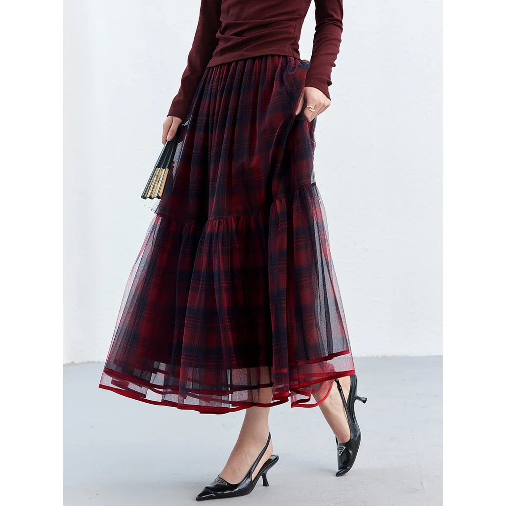 Plaid Mesh Tiered Midi Skirt