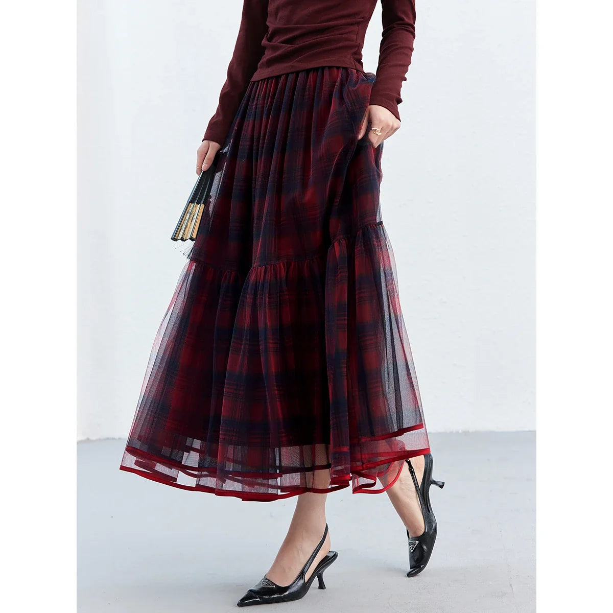 Plaid Mesh Tiered Midi Skirt