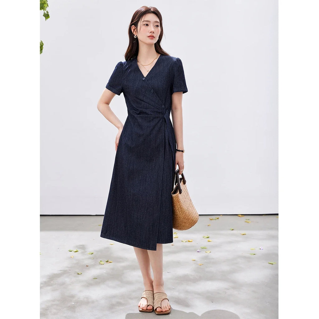 Tie-Waist V-Neck Denim Midi Dress