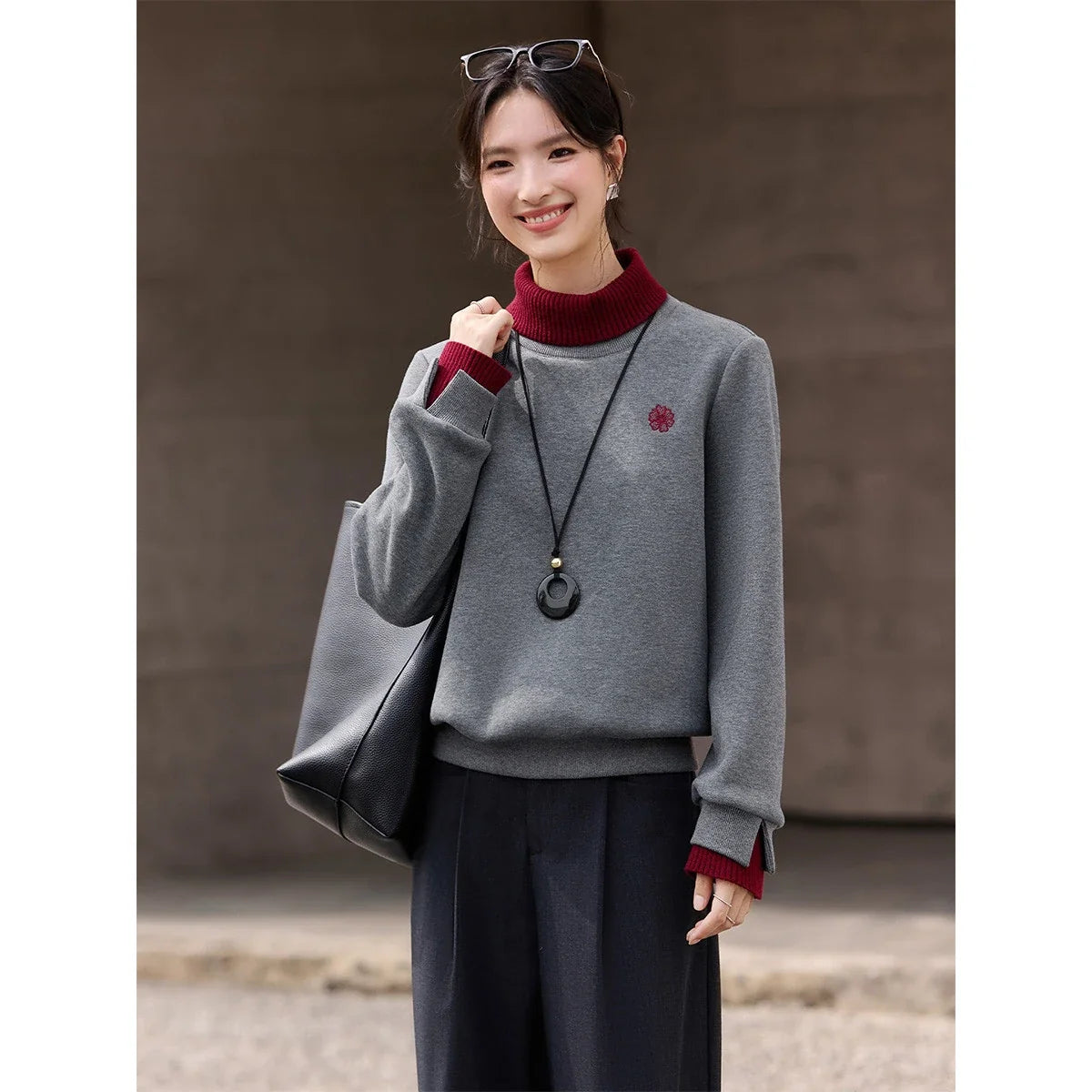 Layered Turtleneck Crew-Neck Sweatshirt