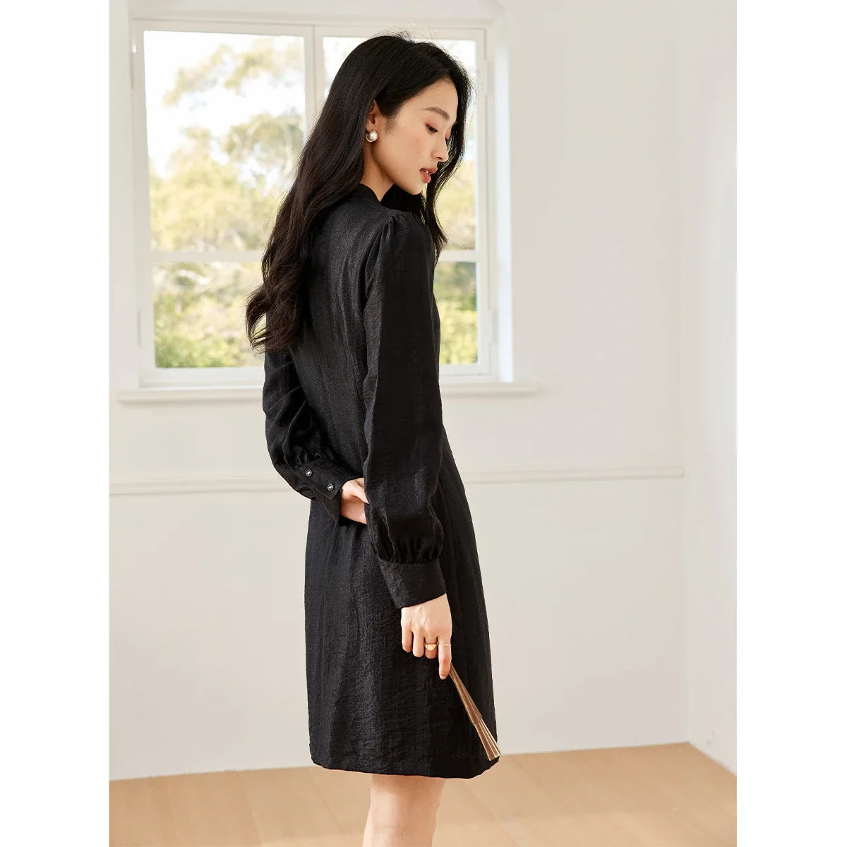 Jacquard Lantern-Sleeve Midi Dress