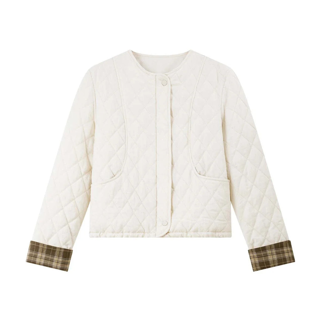Plaid-Cuff Quilted Cropped Jacket