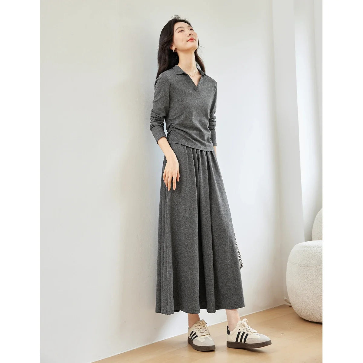 Women's Collared Top and A-Line Skirt Set