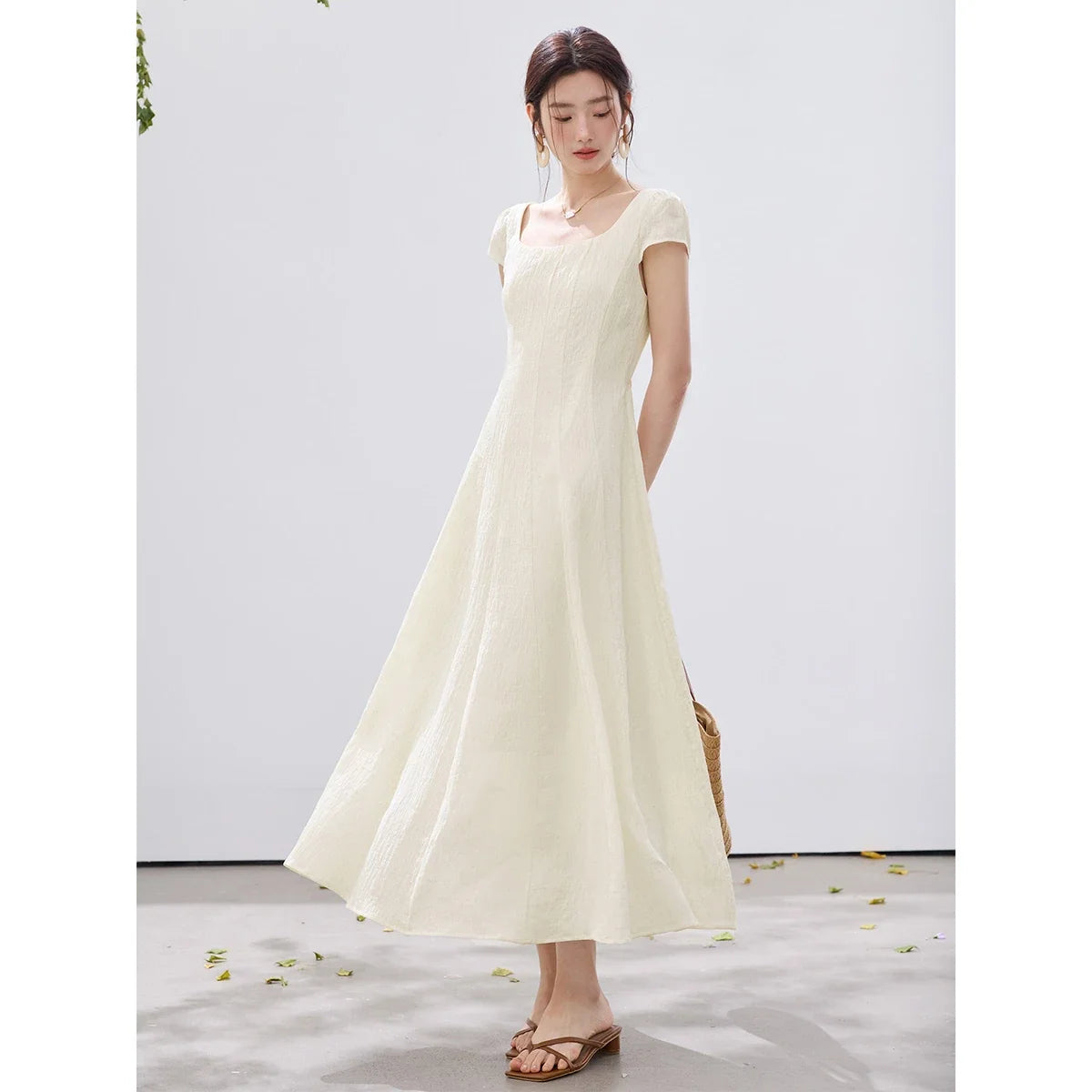 Square-Neck Puff-Sleeve Maxi Dress