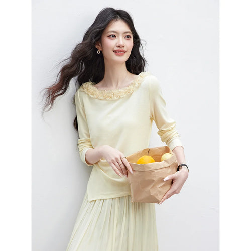 Asymmetric Ruffle-Neck Long-Sleeve Top