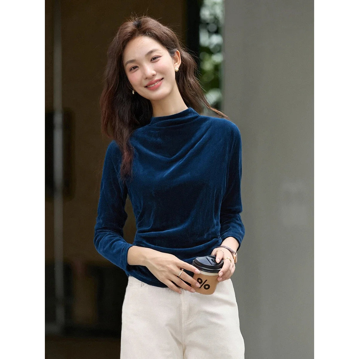 Velvet Ruched Mock-Neck Long-Sleeve Top