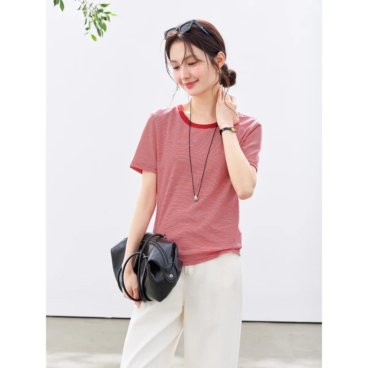 Micro-Stripe Contrast-Collar Tee