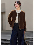Plaid-Cuff Zip-Front Collarless Jacket