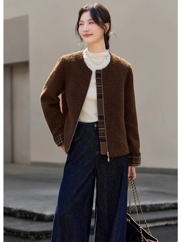 Plaid-Cuff Zip-Front Collarless Jacket