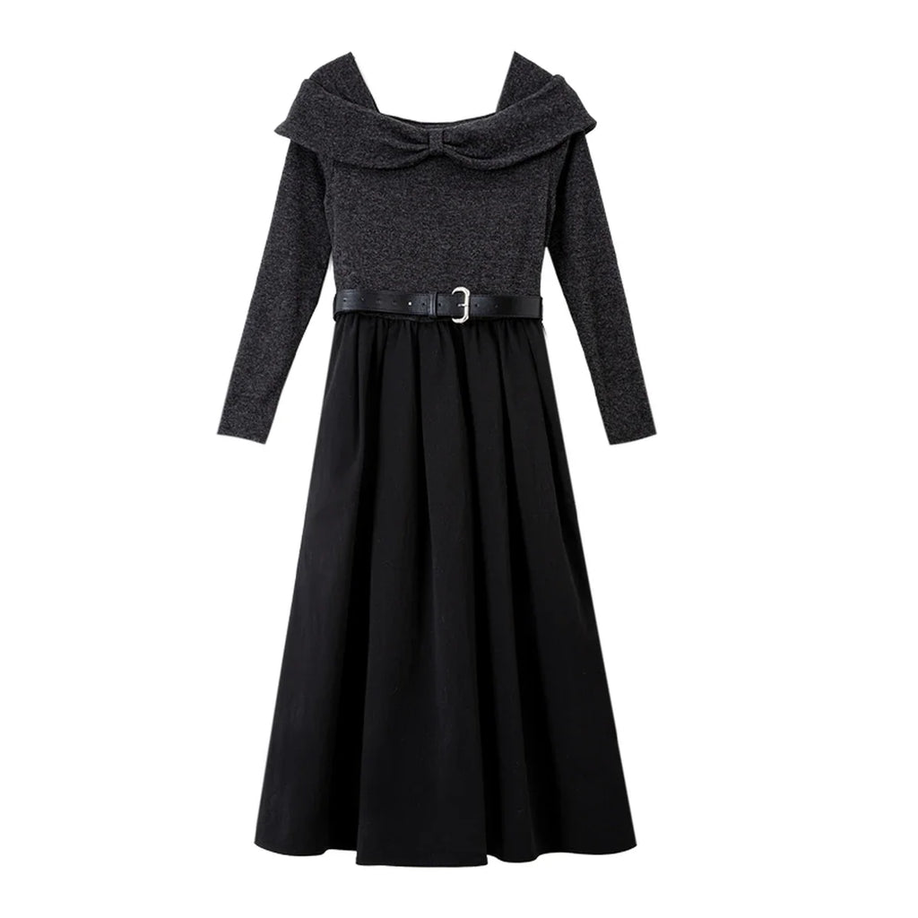 Bow-Collar Belted Midi Dress