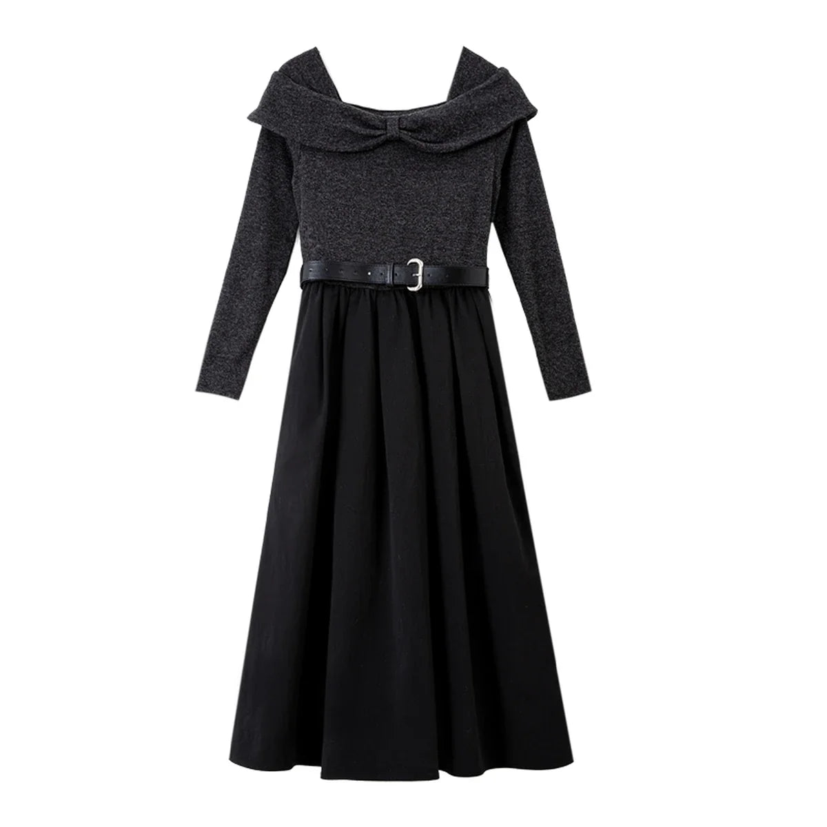 Bow-Collar Belted Midi Dress