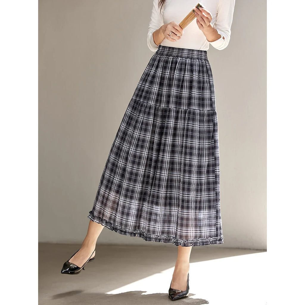 Plaid Ruffle-Hem Midi Skirt