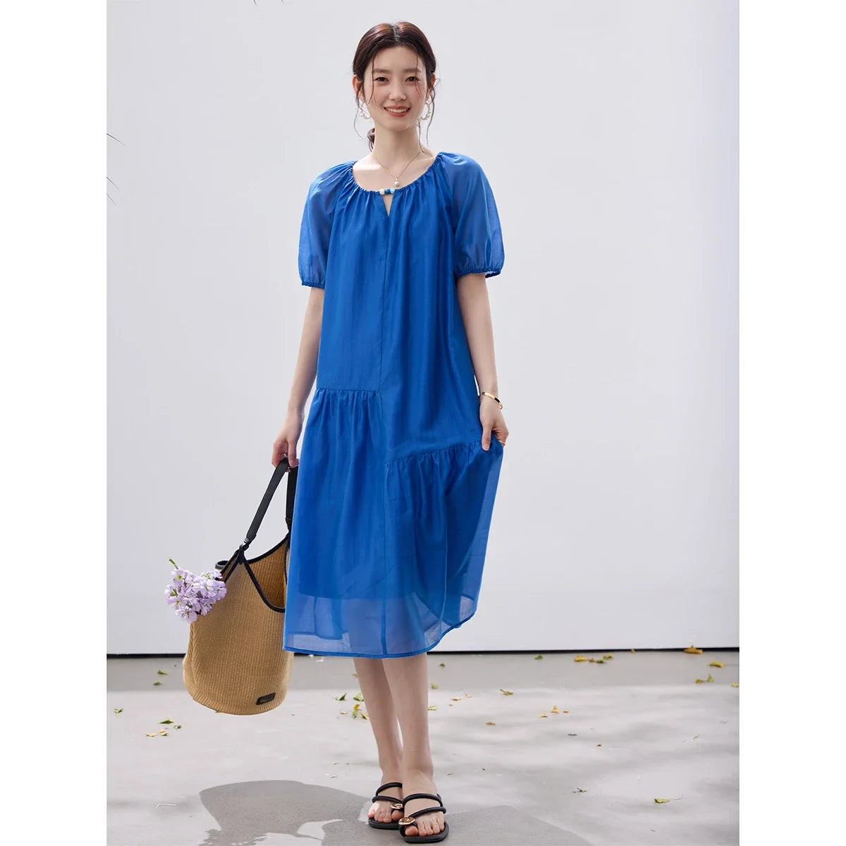Belted Puff-Sleeve Midi Dress