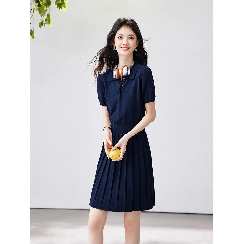 Polo-Collar Pleated Mini Dress