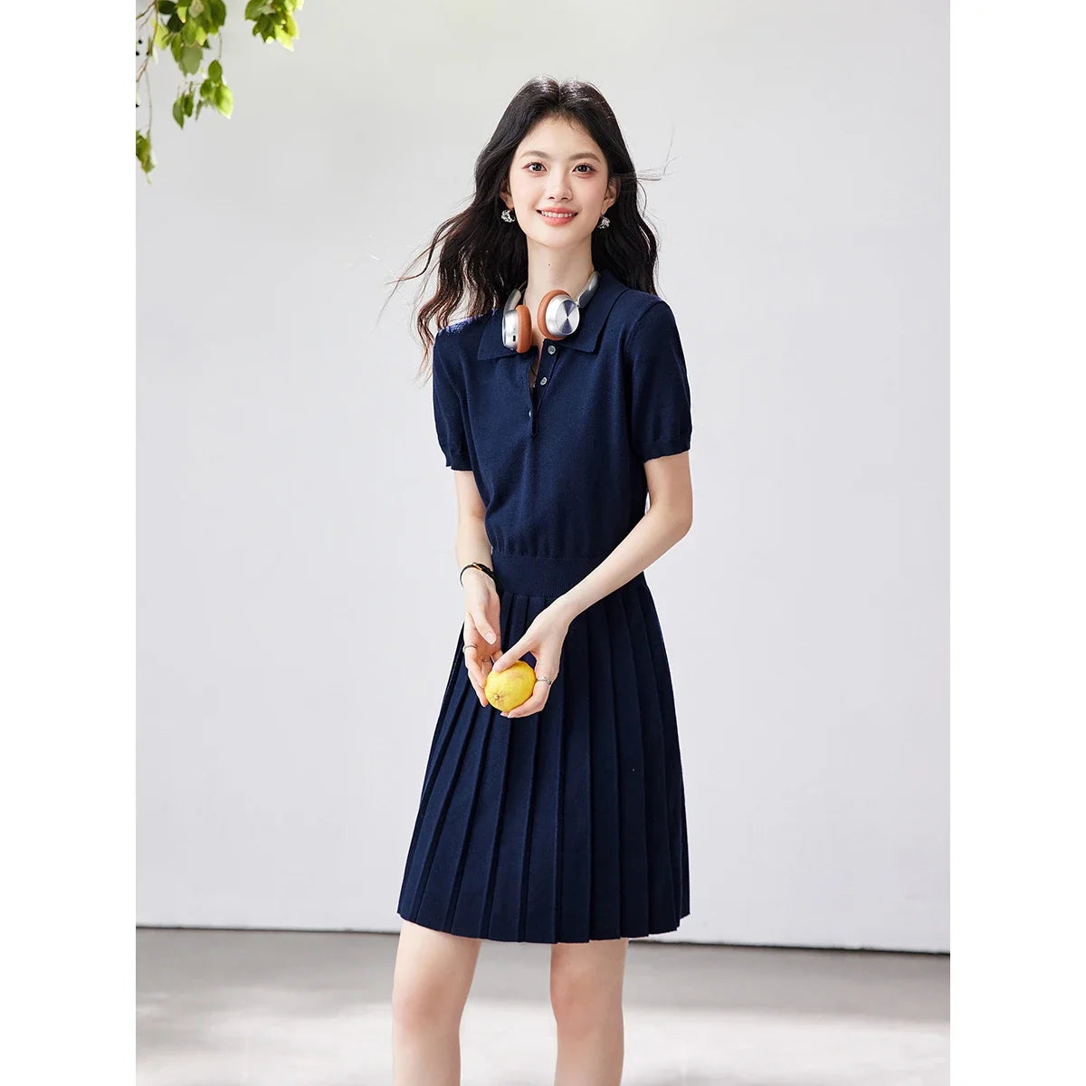 Polo-Collar Pleated Mini Dress
