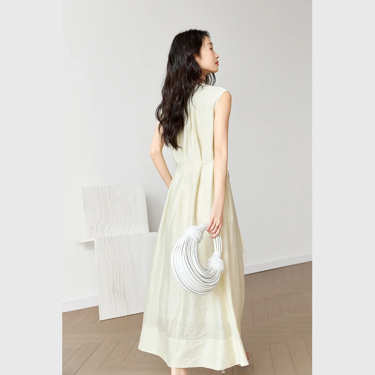 Sleeveless Pleated Shift Midi Dress