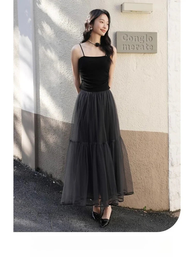 Tiered Mesh Midi Skirt