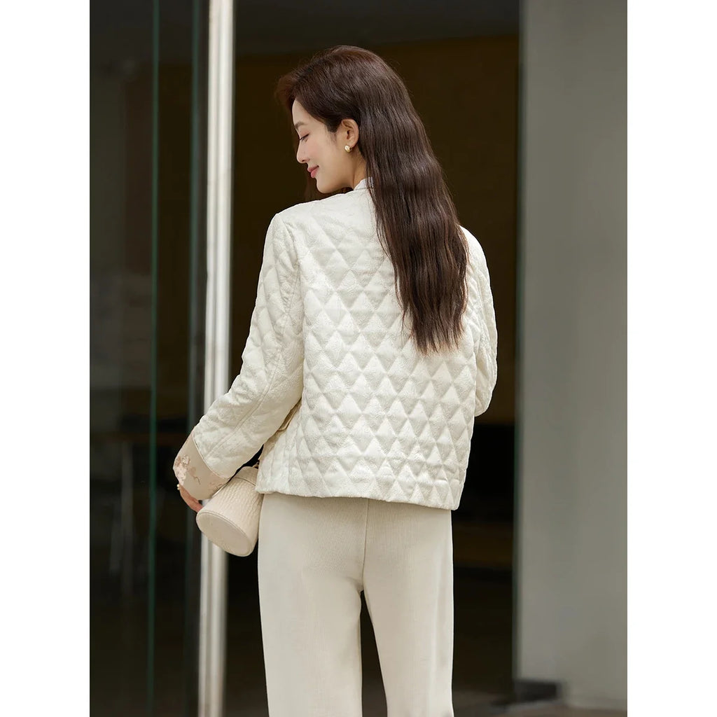 Frog-Button Quilted Collarless Jacket