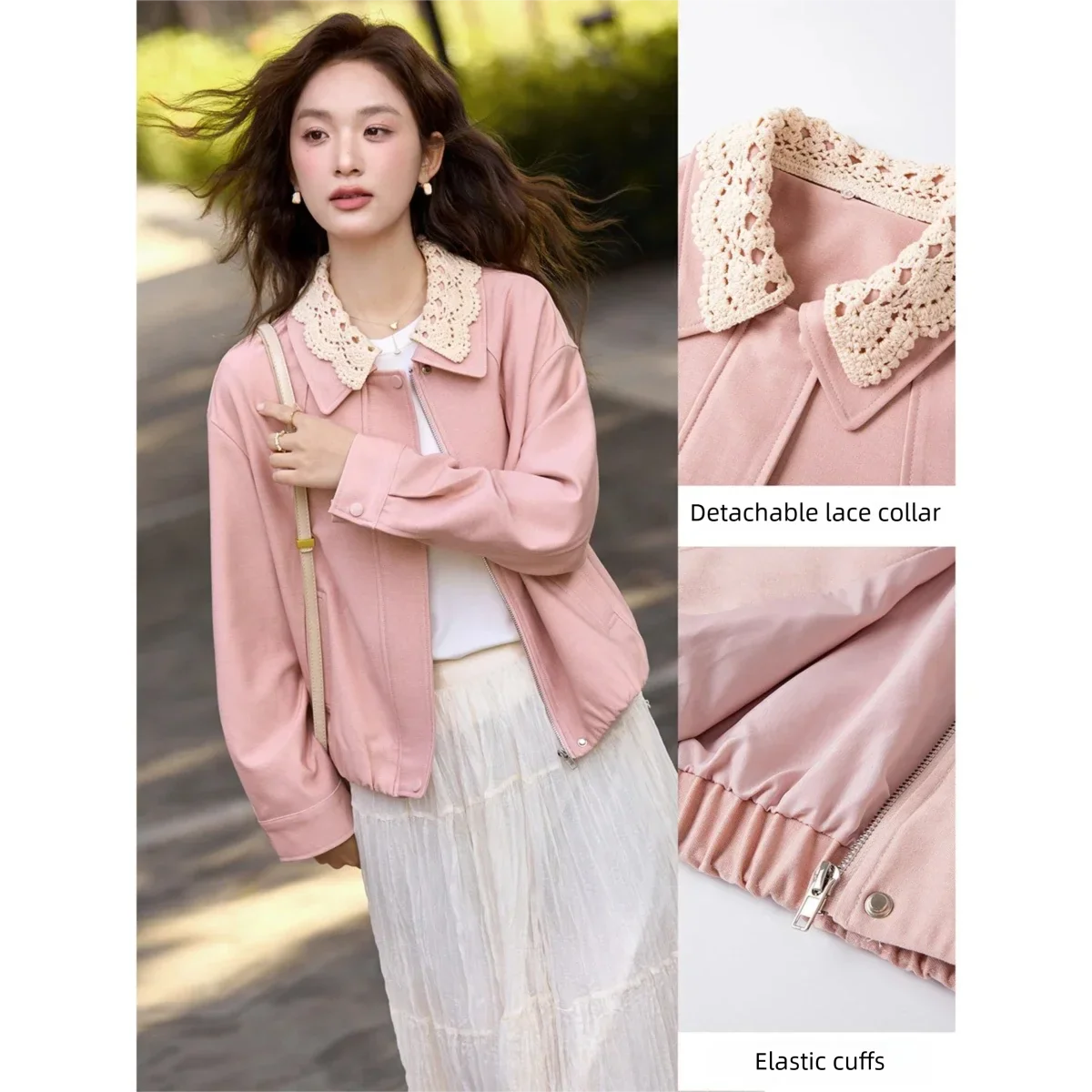 Lace-Collar Zip-Front Cropped Jacket