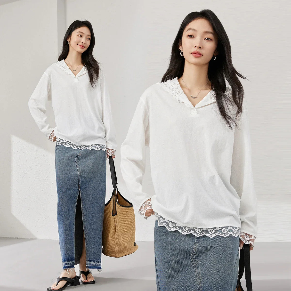 Lace-Trim Hooded Long-Sleeve Top