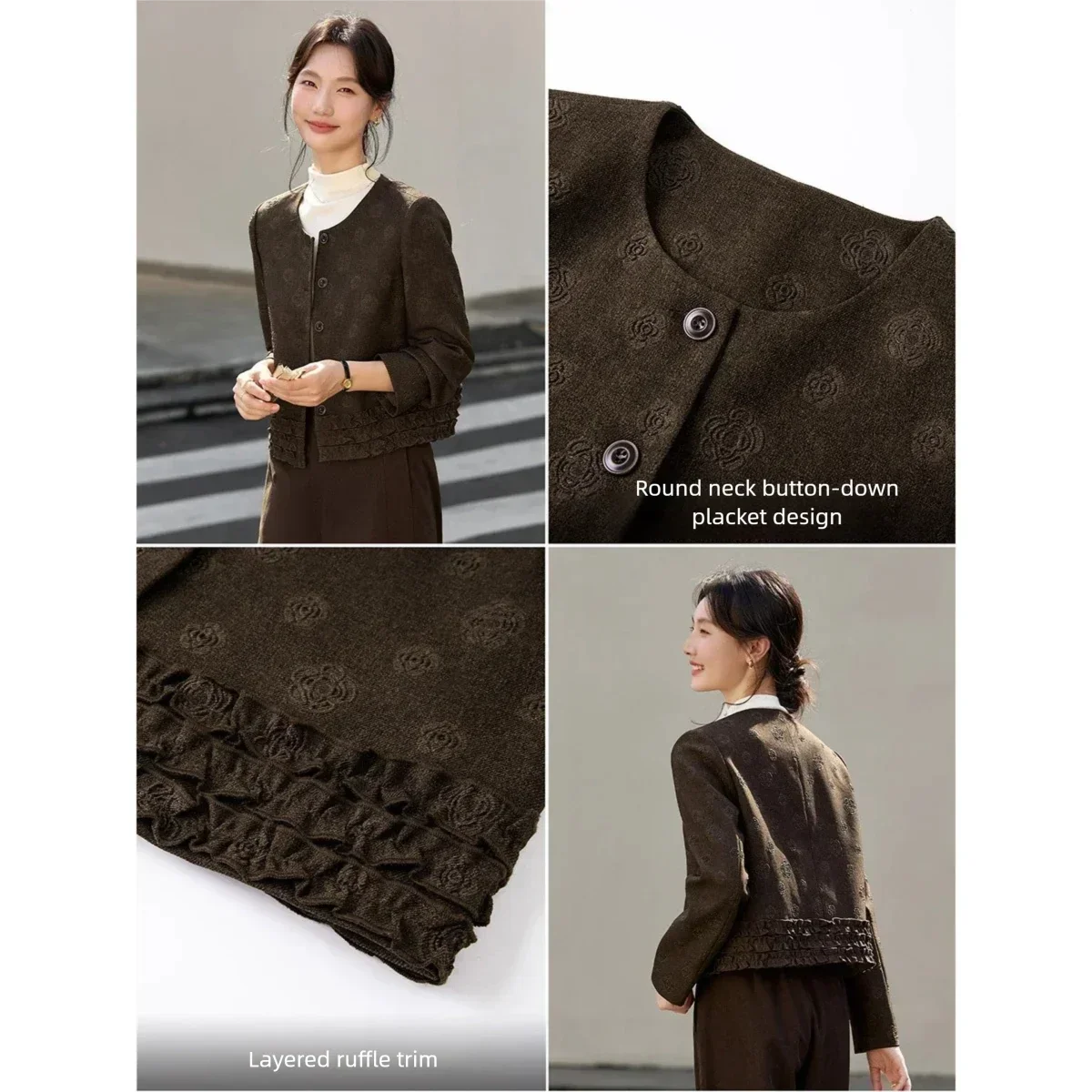 Jacquard Ruffle-Hem Cropped Jacket