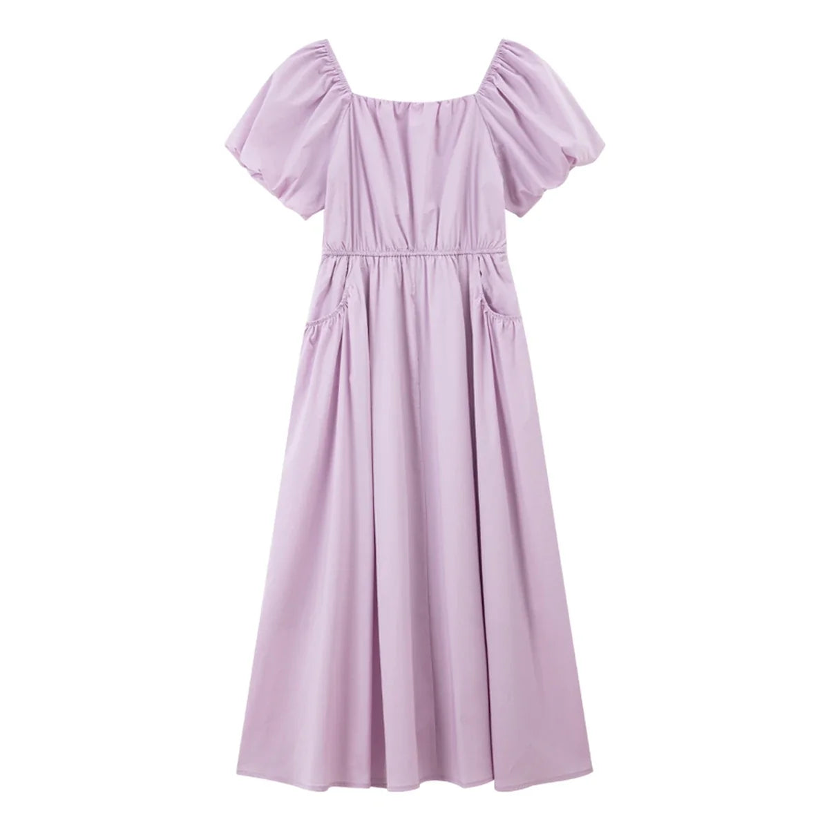 Square-Neck Puff-Sleeve Midi Dress