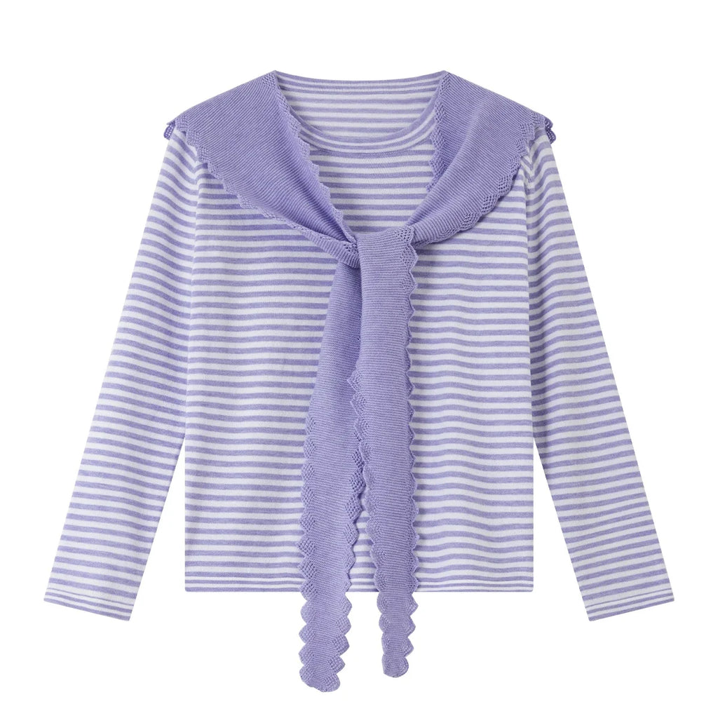 Striped Scarf-Detail Long-Sleeve Top