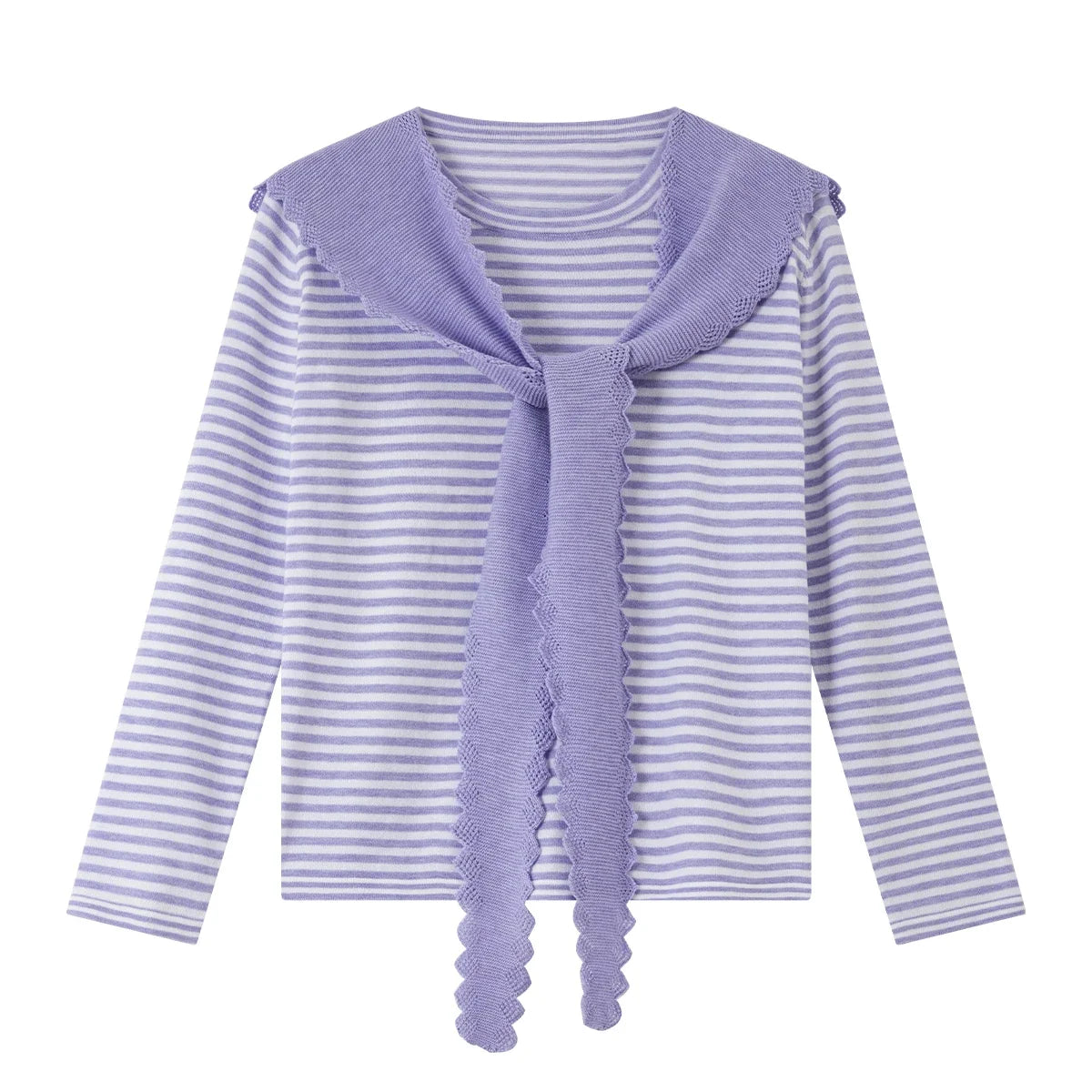 Striped Scarf-Detail Long-Sleeve Top