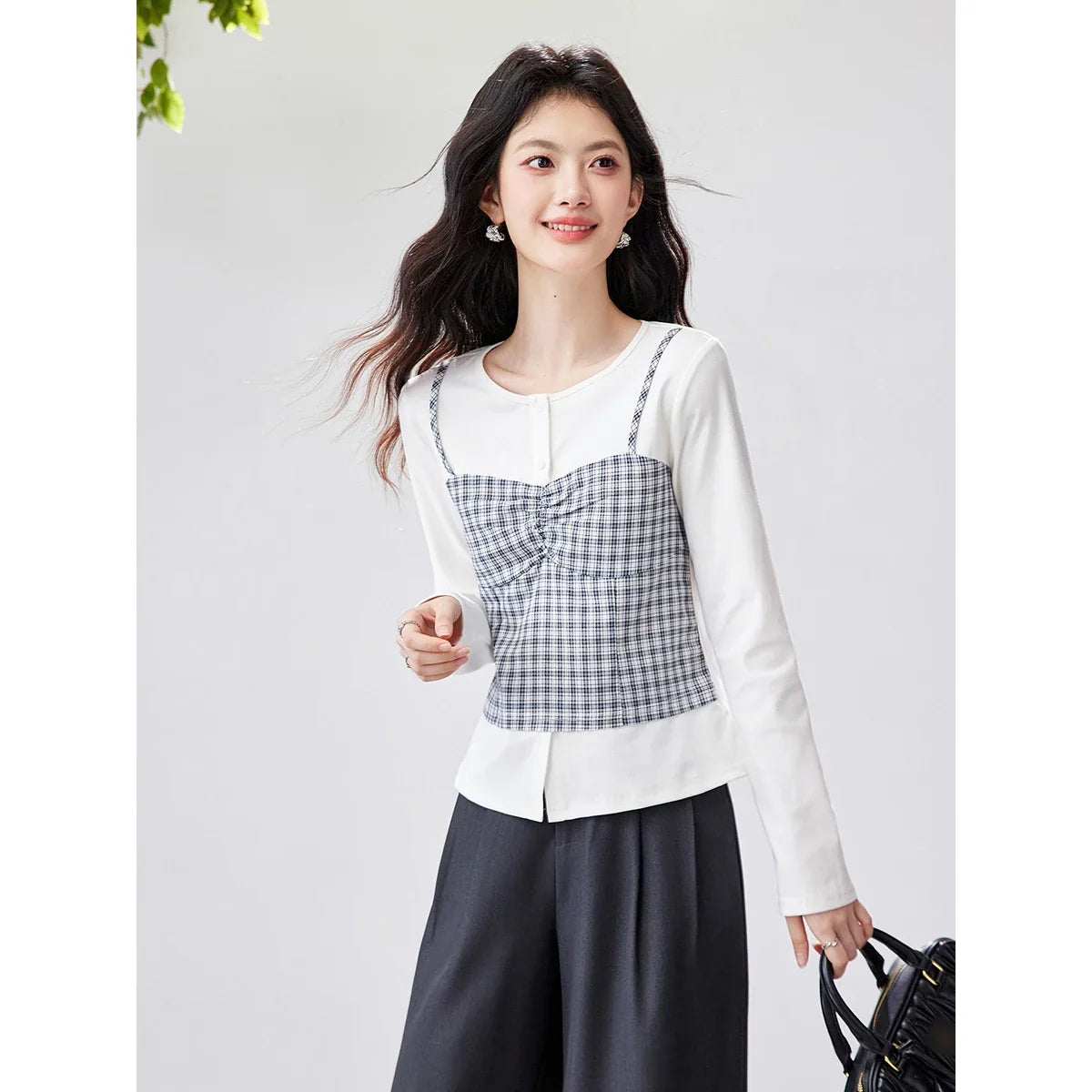 Layered Plaid Bustier Long-Sleeve Top