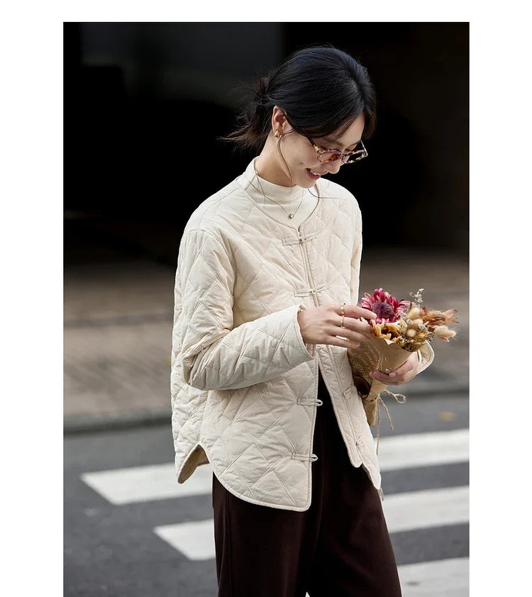 Frog-Button Quilted Curved-Hem Jacket