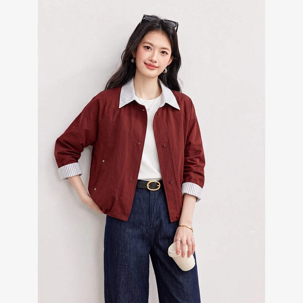 Contrast-Cuff Collared Cropped Jacket